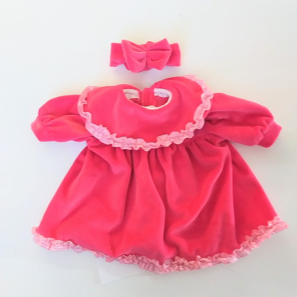 DOLL DRESS Pink Rosettes Faux Velvet w Headband